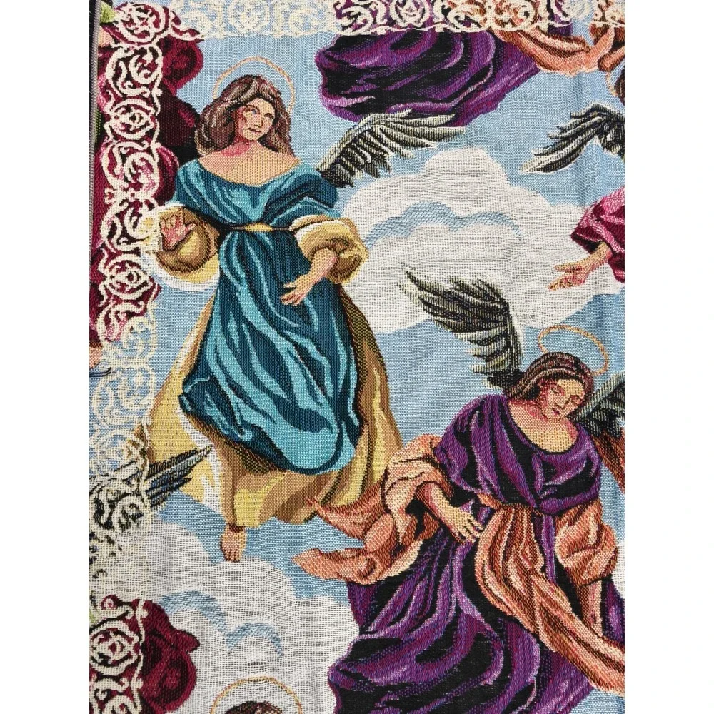 Vintage Angel Tapestry Throw Blanket Woven Fringe Religious Christian 54x46